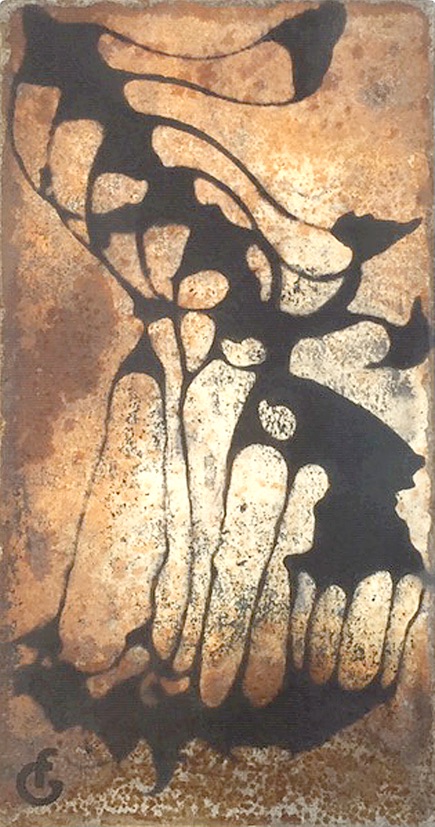 Vertèbres 1 – 22,5 x 12 cm, marouflage sur métal ou sur plâtre, techniques mixtes – 2019